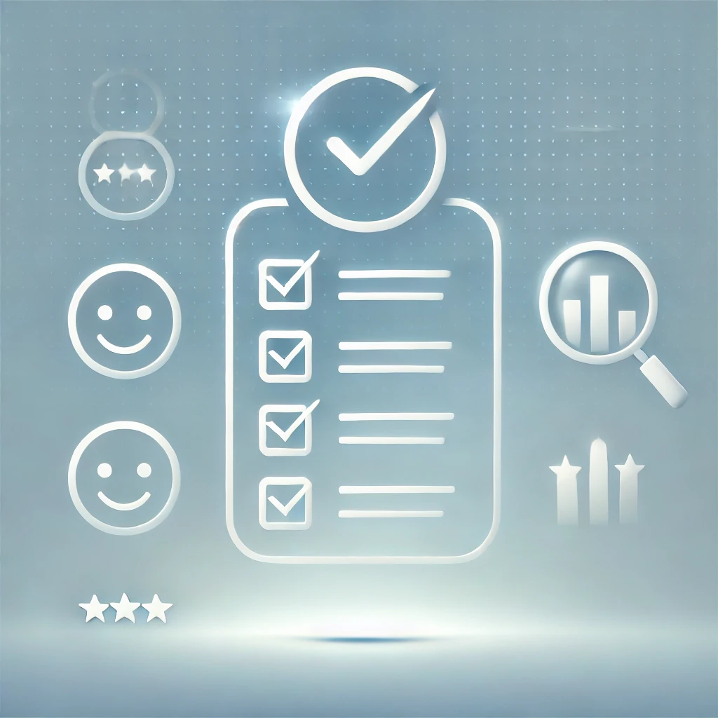 Minimalist illustration of customer evaluations, featuring a sleek checklist icon in the foreground with a soft blue and white gradient background. Surrounding elements include simple icons of a magnifying glass, bar chart, and smiling customer faces, symbolizing feedback, analytics, and satisfaction.